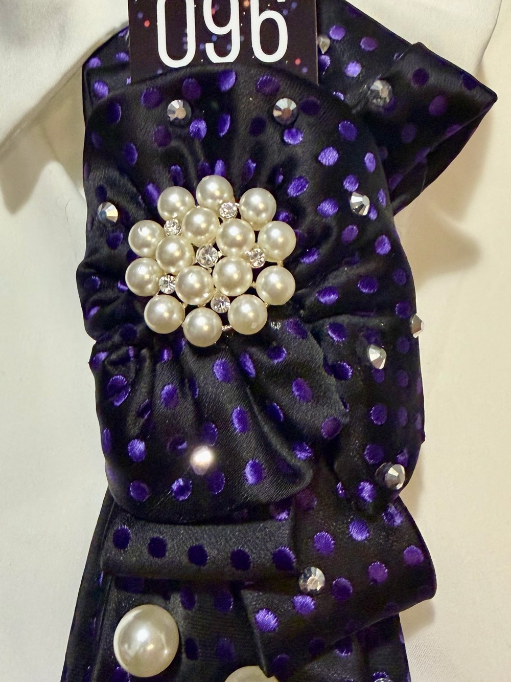 Black Satin Polka Dot Brooch Tie Necklace with Pearl Accents - Picture 4 of 4